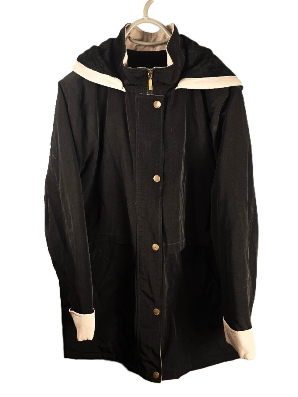 Nautica Womens XL Parka Black Tan RainCoat Jacket Removable Hood Storm Flap Zip